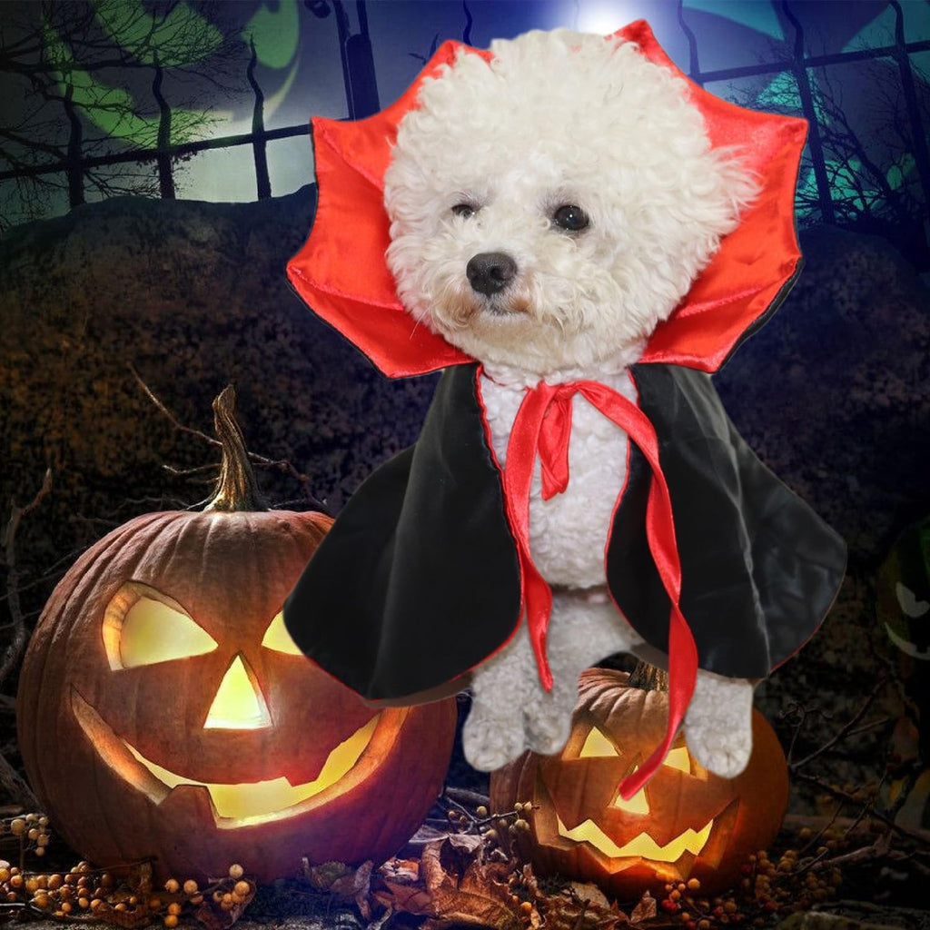 Red and black vampire pet cloak, bat-wing hood with tie-front ribbon details
