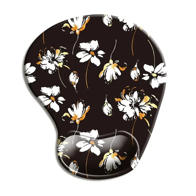 Black ergonomic mouse pad with wrist rest, white and yellow daisy flower pattern