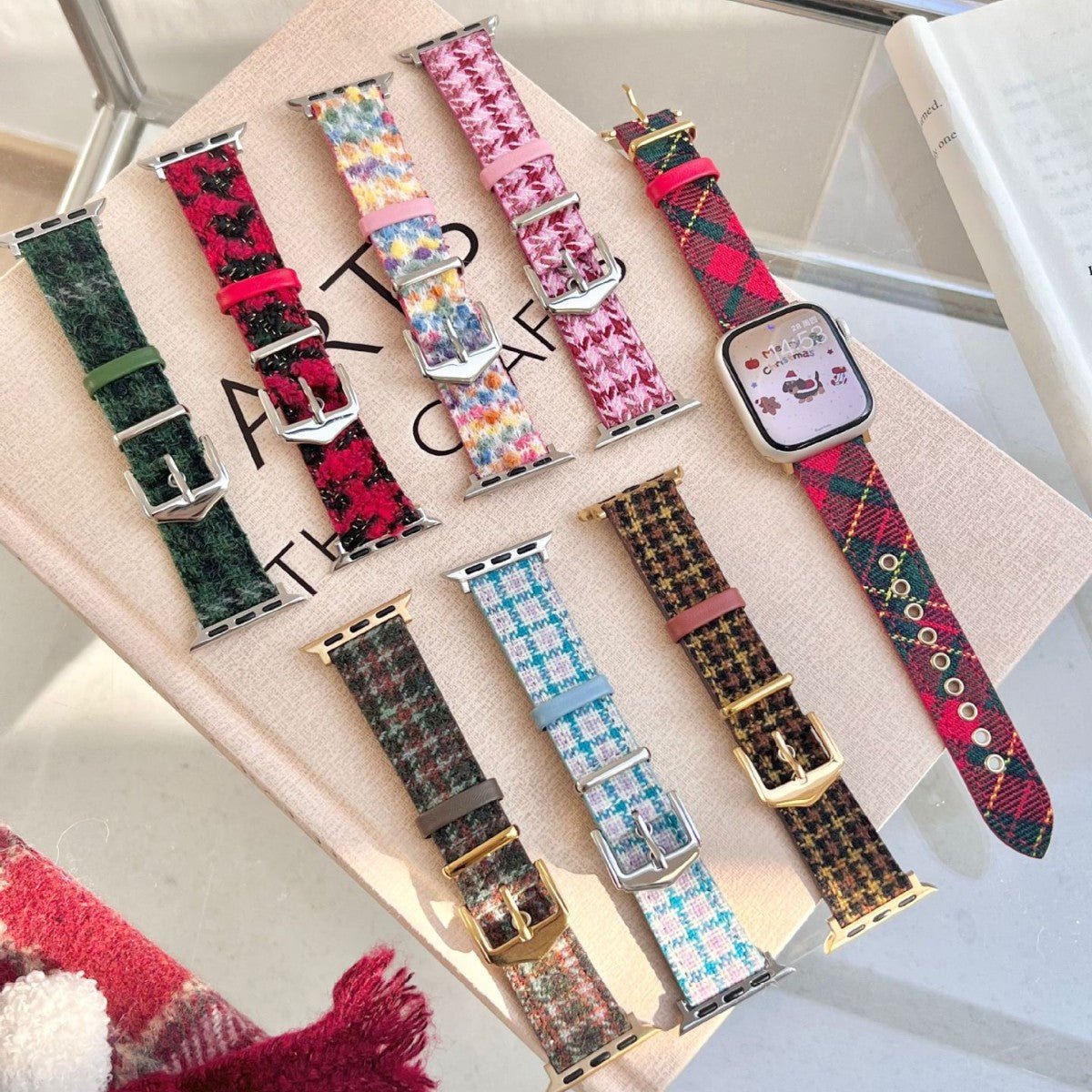 Christmas wool and leather watch strap set, multicolor festive patterned bands with metal buckles