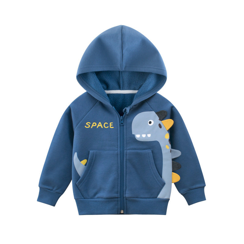 Blue fleece baby hoodie jacket with full zip and dinosaur applique, front pockets
