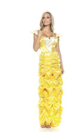 Women's yellow satin princess costume dress with ruffled tiered skirt and bow cap sleeves
