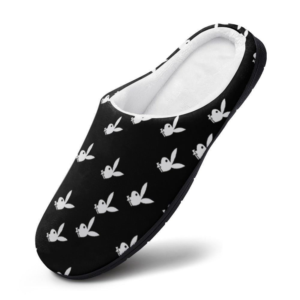 Black cotton slipper with white bunny print, slip-on design with padded interior