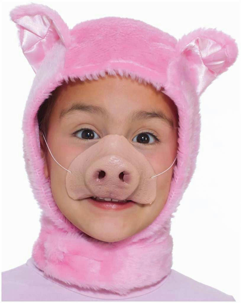 Child pink piglet costume hood with snout and floppy ear details