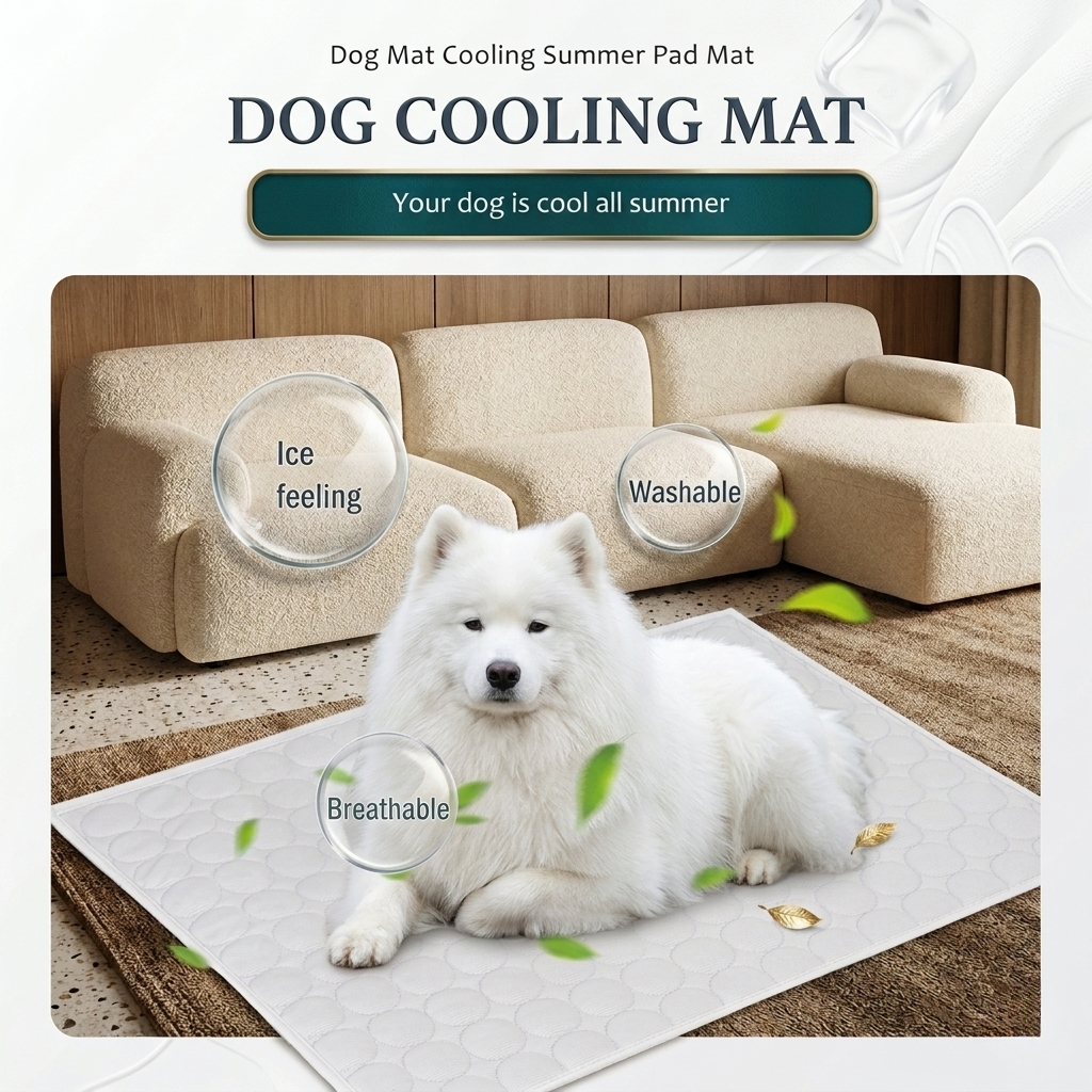 Cooling dog bed mat on the floor with a white dog resting on it