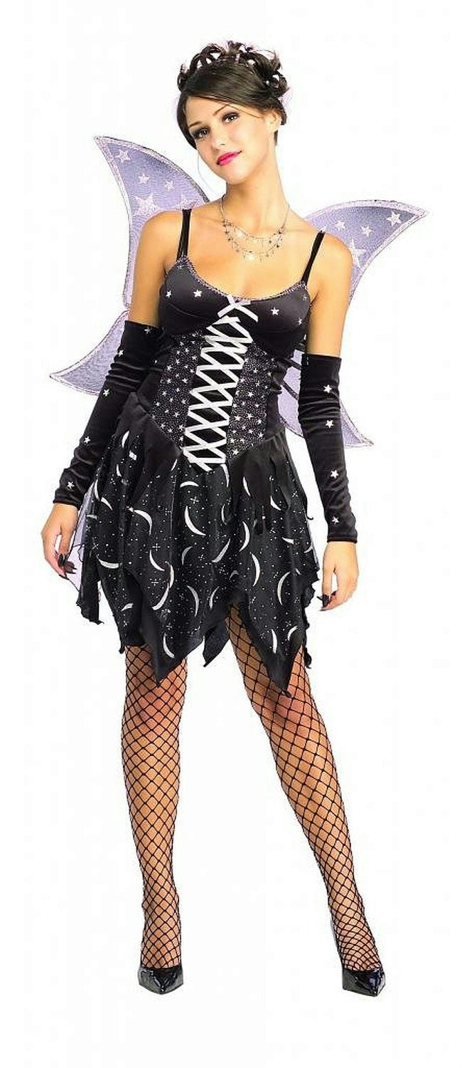 Women’s black cosmic fairy costume with star dress, lace-up front, fishnet tights