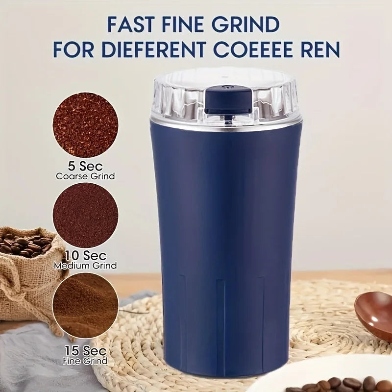 Electric blue coffee grinder with clear lid and top button, centered view