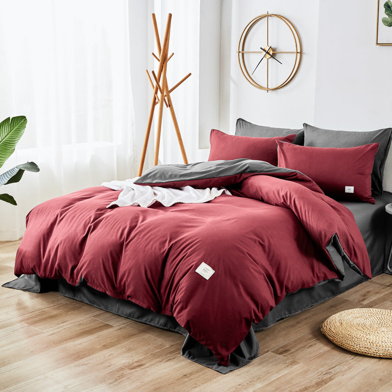 Wine red and dark gray bedding set with matching pillowcases and duvet cover