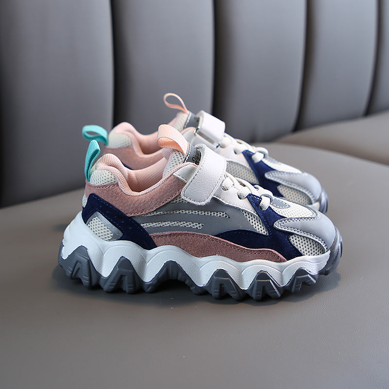 Chunky velcro sneakers in white with blush pink and blue accents, hook-and-loop straps