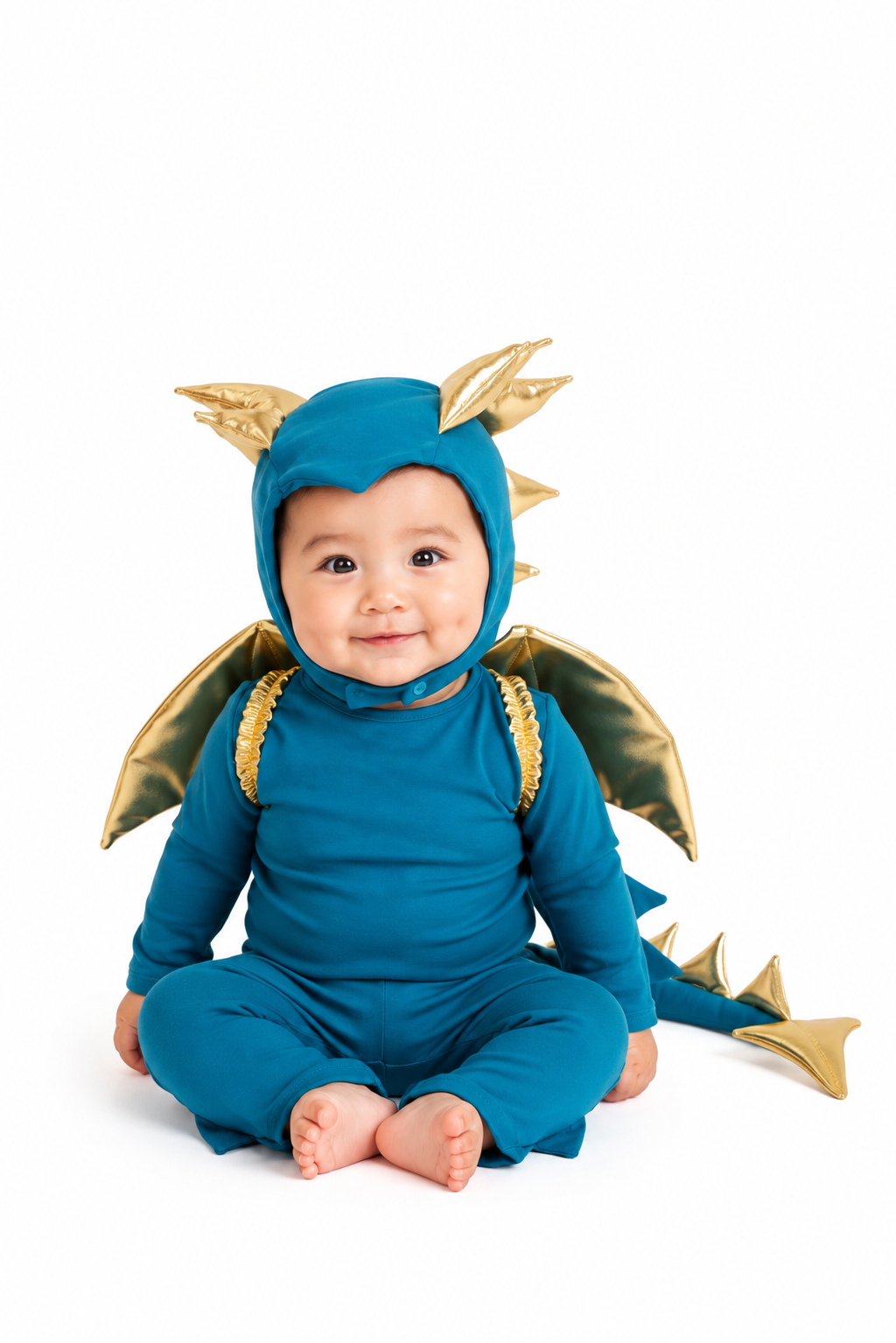 Turquoise dragon costume set with gold wing headpiece and scaled trim, toddler seated.