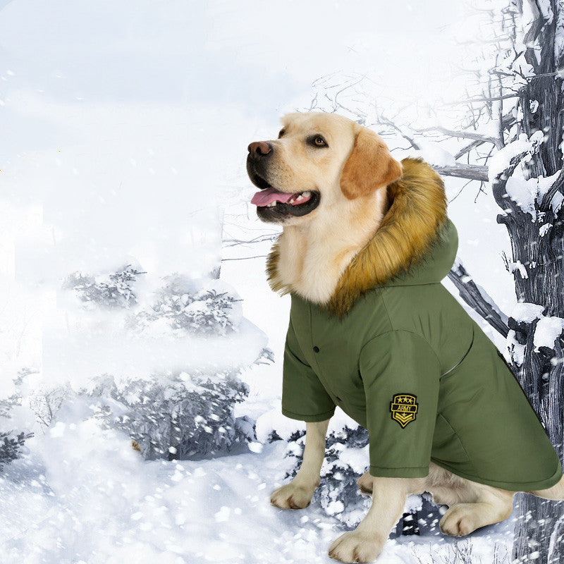 Green dog puffer jacket with faux fur hood and front button closure