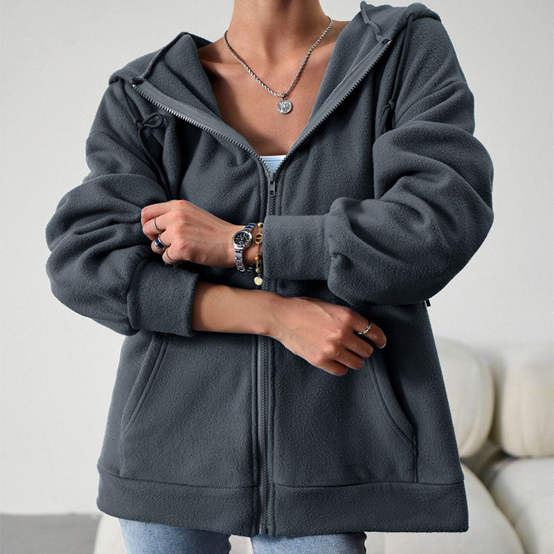 Dark gray hooded zip cardigan with long sleeves and front pockets