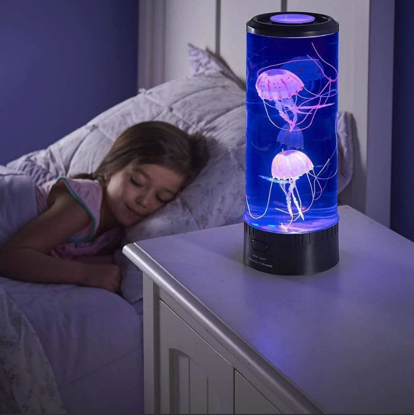 USB-powered LED jellyfish aquarium night light with blue jellyfish glow, black base