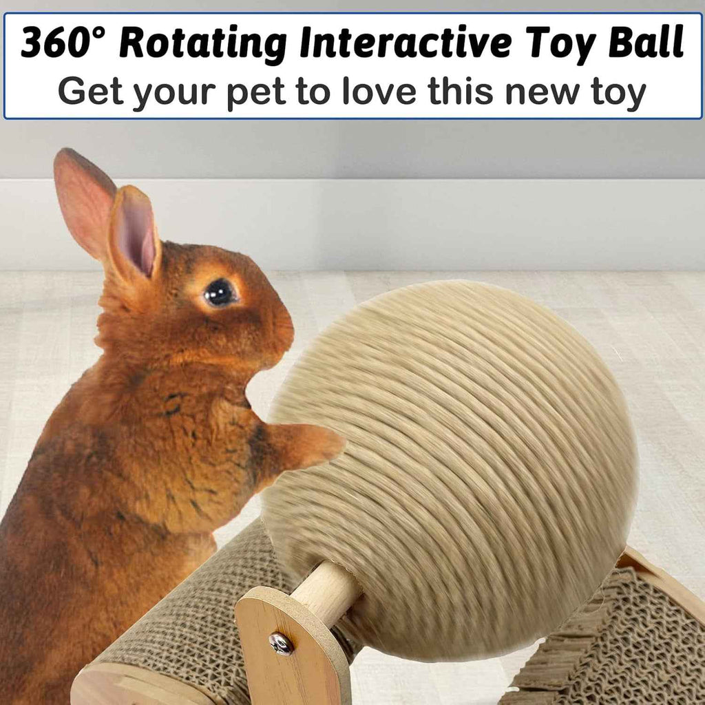 Rabbit reaching toward a large rotating sisal ball mounted on a cardboard scratcher