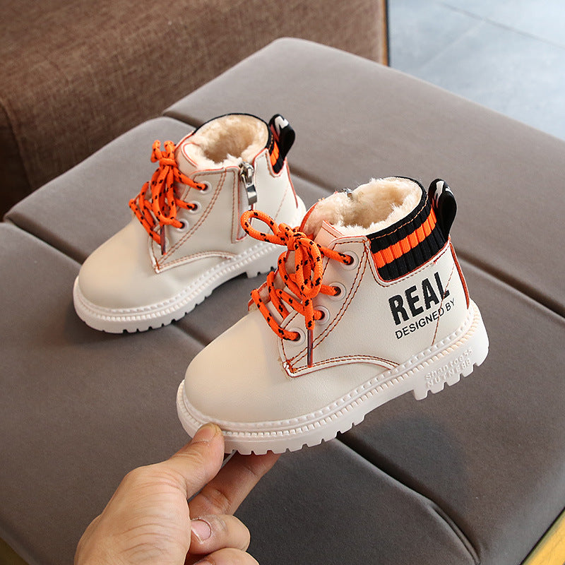 Kids beige lace-up ankle boots with orange laces and fuzzy lining, black striped collar, white sole