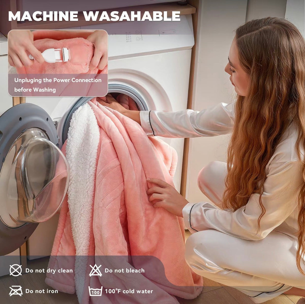 Pink heated wearable blanket being prepared for washing, with sherpa-lined hood