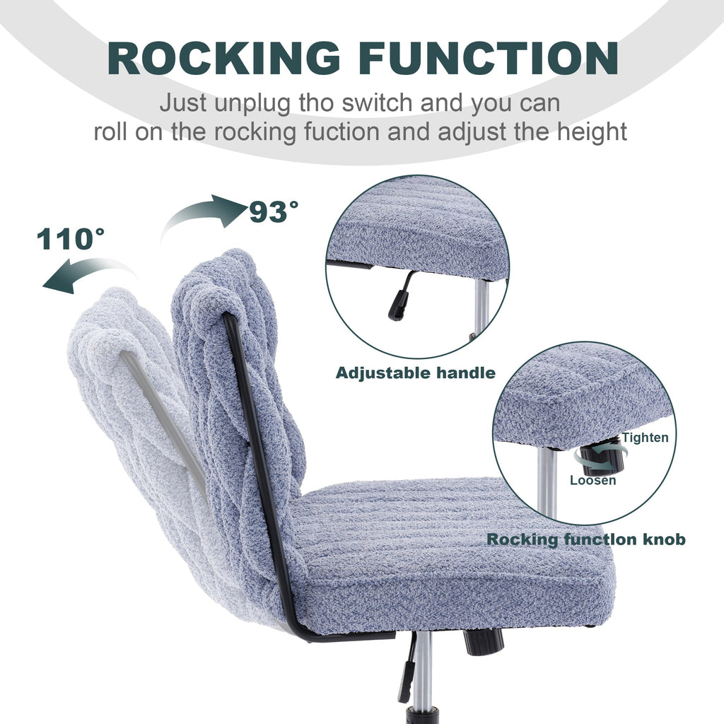 Blue armless desk chair with rocking arms and padded seat, black star base