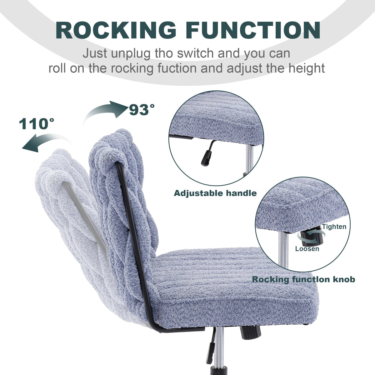 Blue armless desk chair with rocking arms and padded seat, black star base