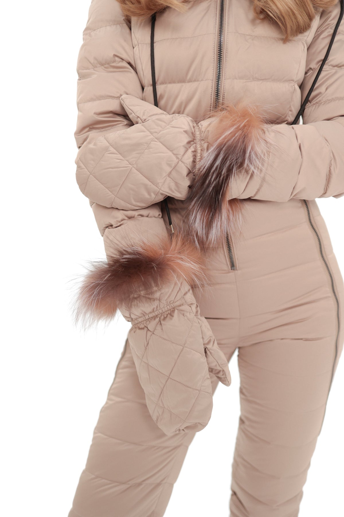 Beige puffer snow suit detail: faux-fur trim on hood and stretchy padded cuffs.