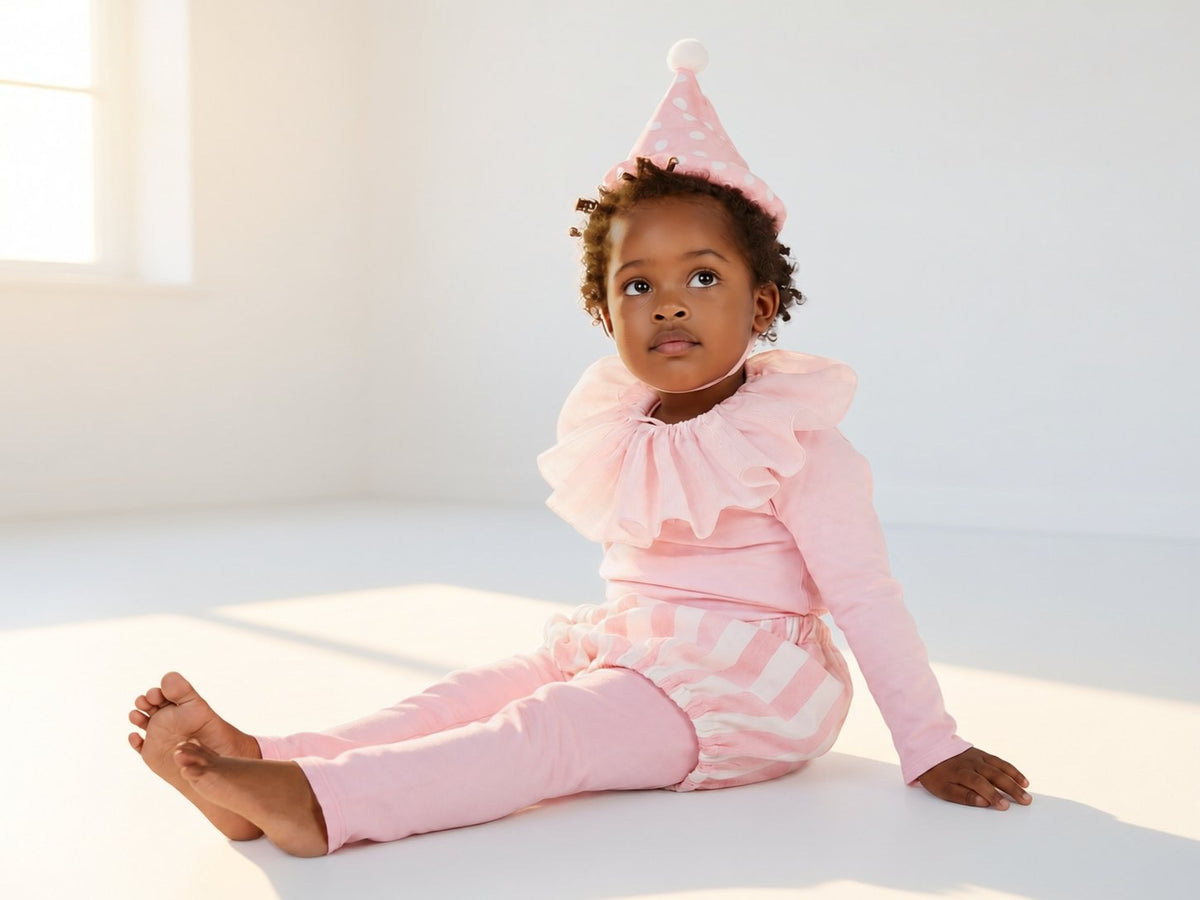 Pink clown costume with tall polka-dot hat, ruffled top, and striped pants