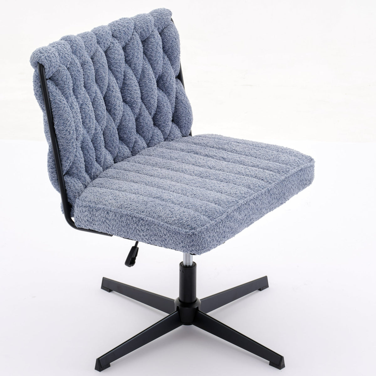 Blue armless office desk chair with tufted fabric back and padded seat, black base