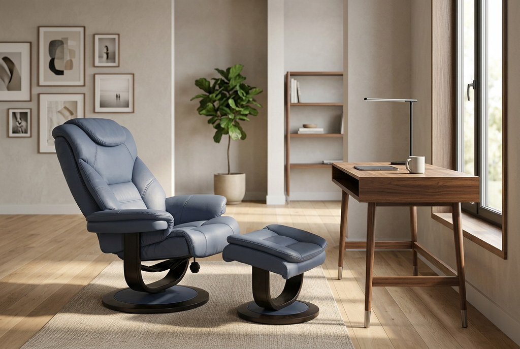 Blue euro recliner with matching ottoman, padded seat and recline back