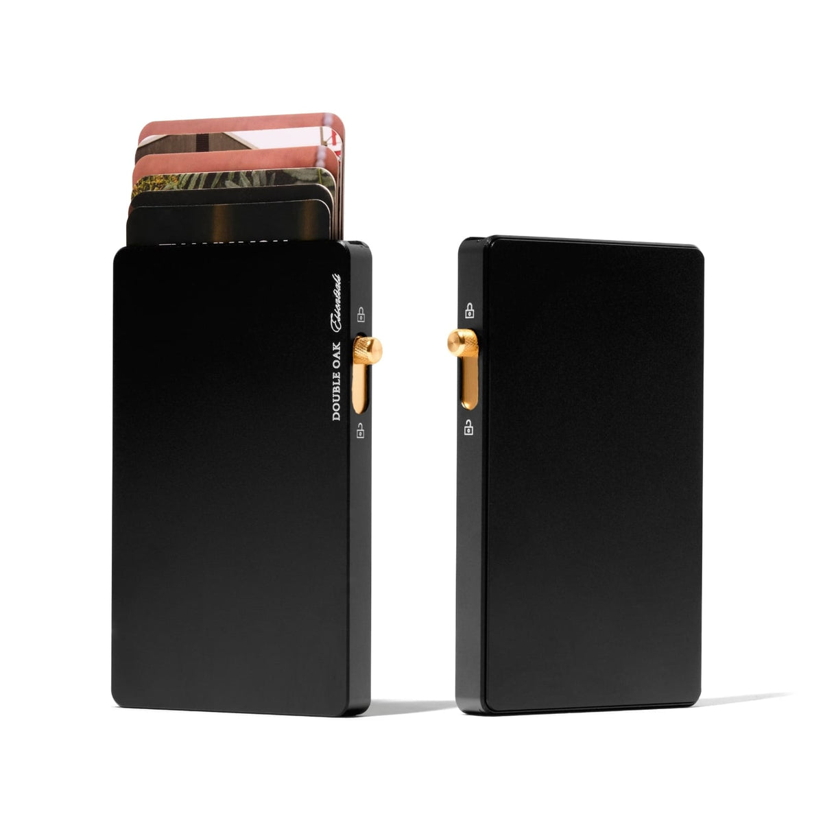 Black mod wallet cardholder with leather sleeve, front and back view on white