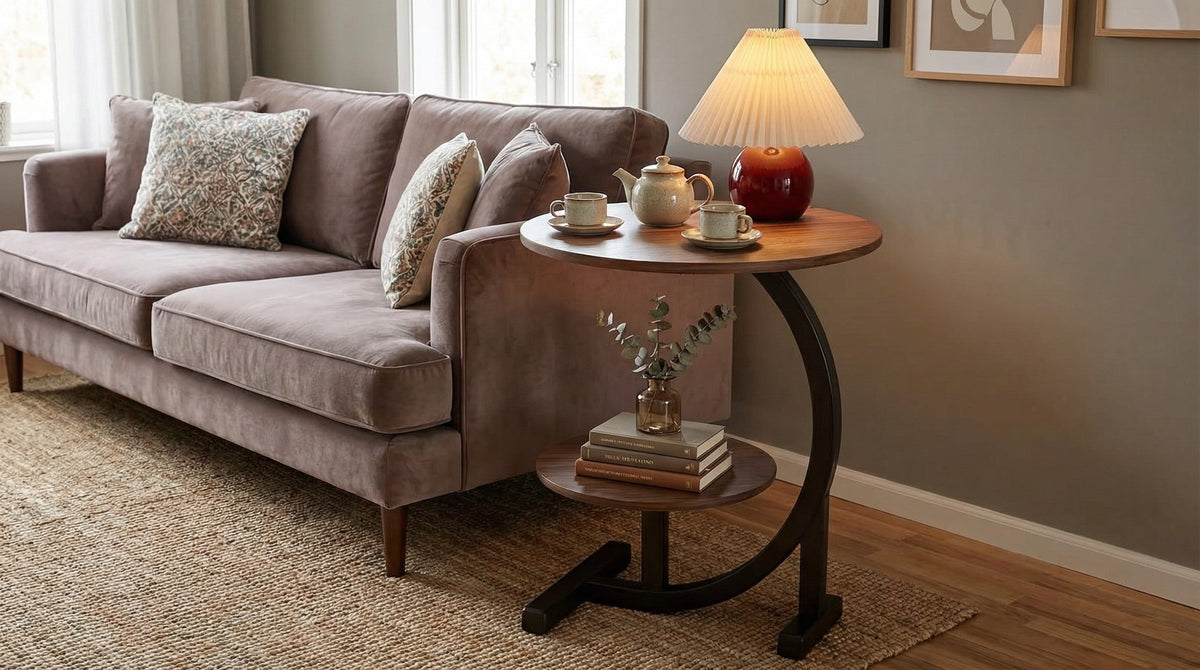 Brown round side table with two-tier shelves and curved dark metal base.