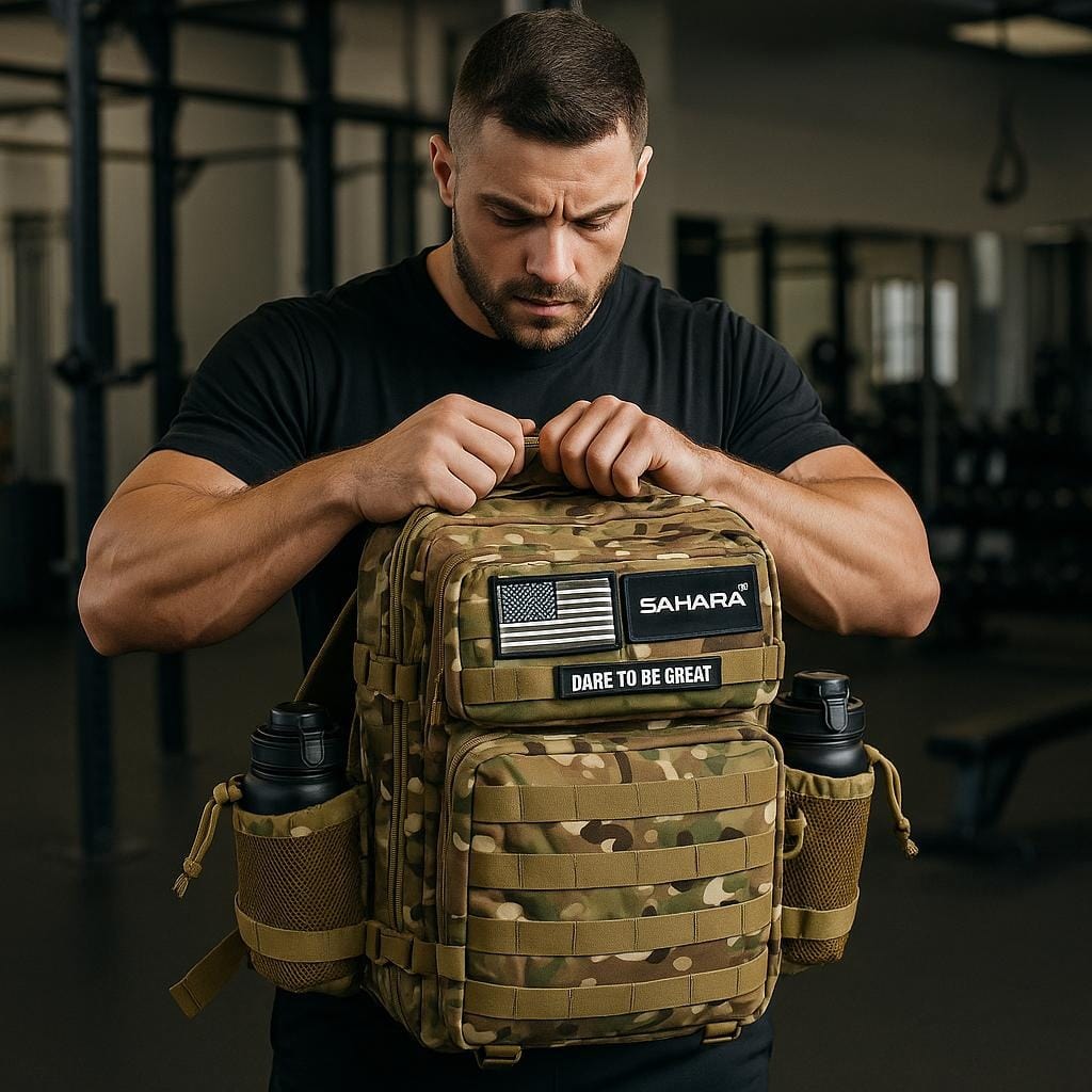 Camouflage laptop travel backpack on person with front organization pockets and adjustable straps.