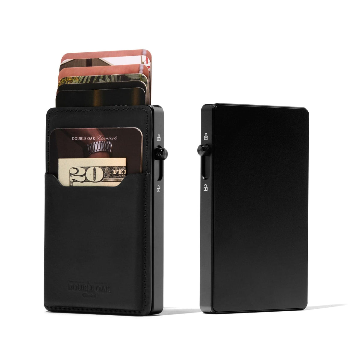 Black leather phone wallet with front card pocket and side latch, front and back