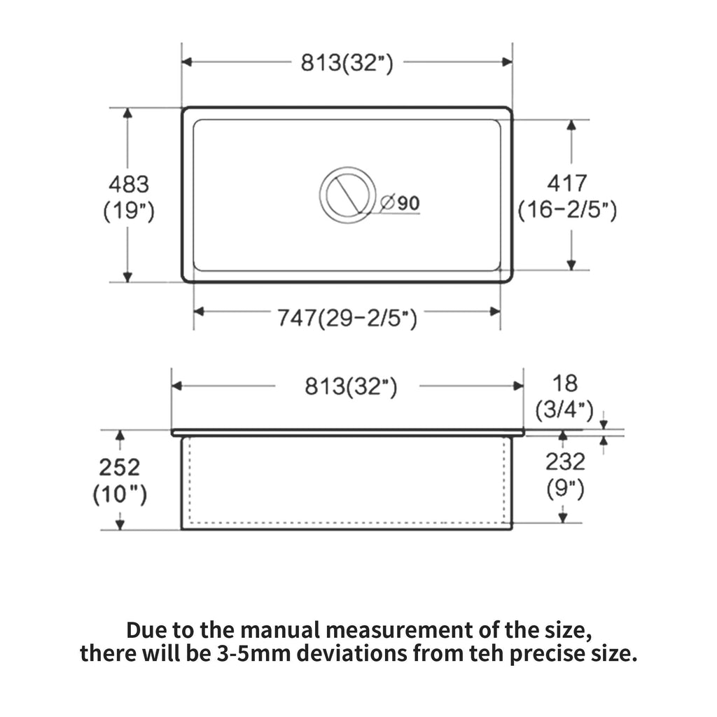 Farmhouse single-bowl sink dimensions diagram with front and cutout measurements