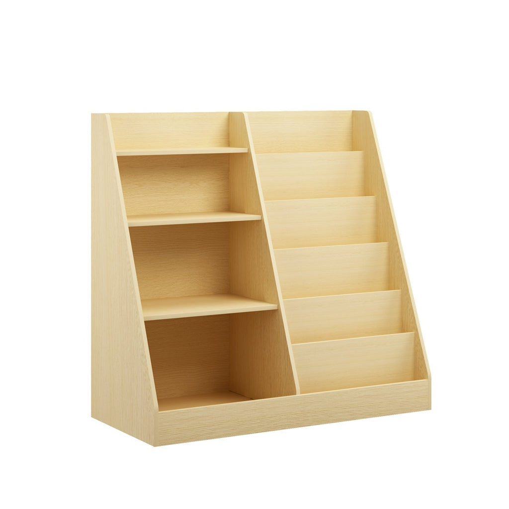 Light wood multi-tier bookshelf organizer, angled view showing open cubbies