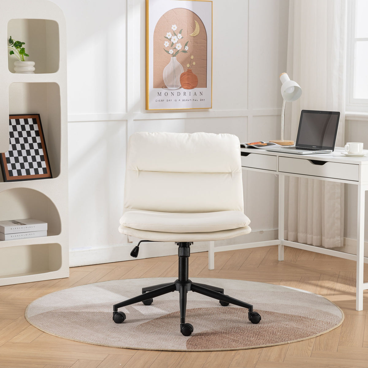 White adjustable swivel office chair with cushioned back and seat on black base.