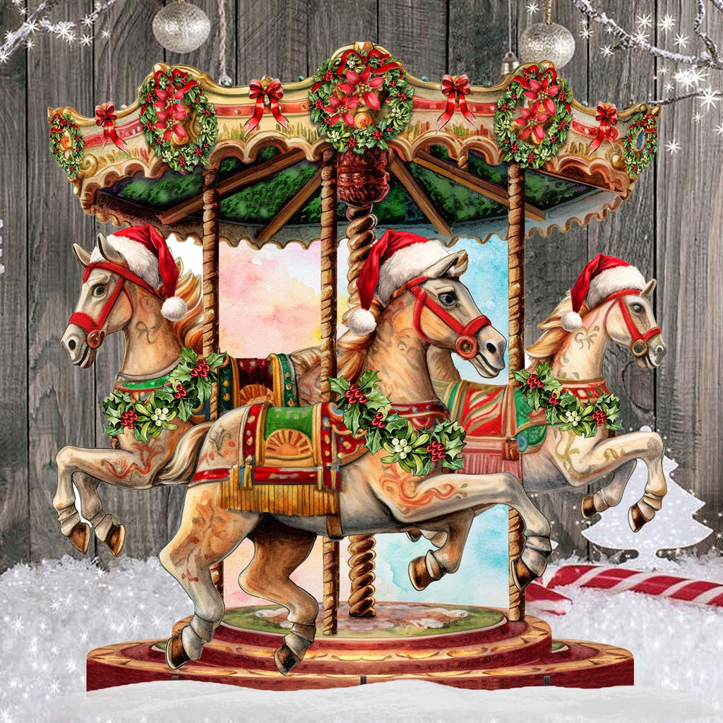 Christmas carousel outdoor decor with three horses, garlands, and snow-themed accents on base