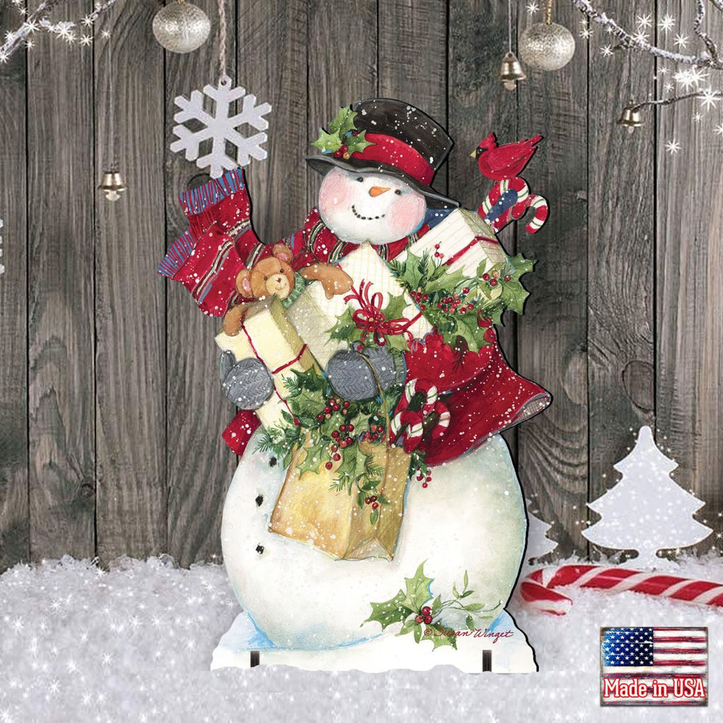Snowman Christmas yard decoration sign with presents and red bird, standing on stakes