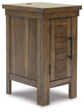 Grayish-brown chair side end table with cabinet doors and metal handles