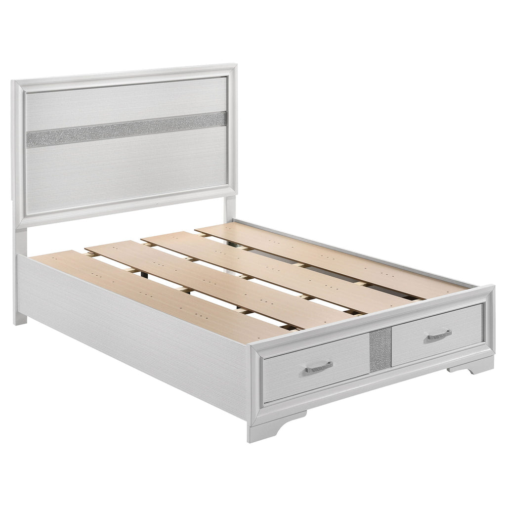 White platform bed frame with headboard and light wood slats