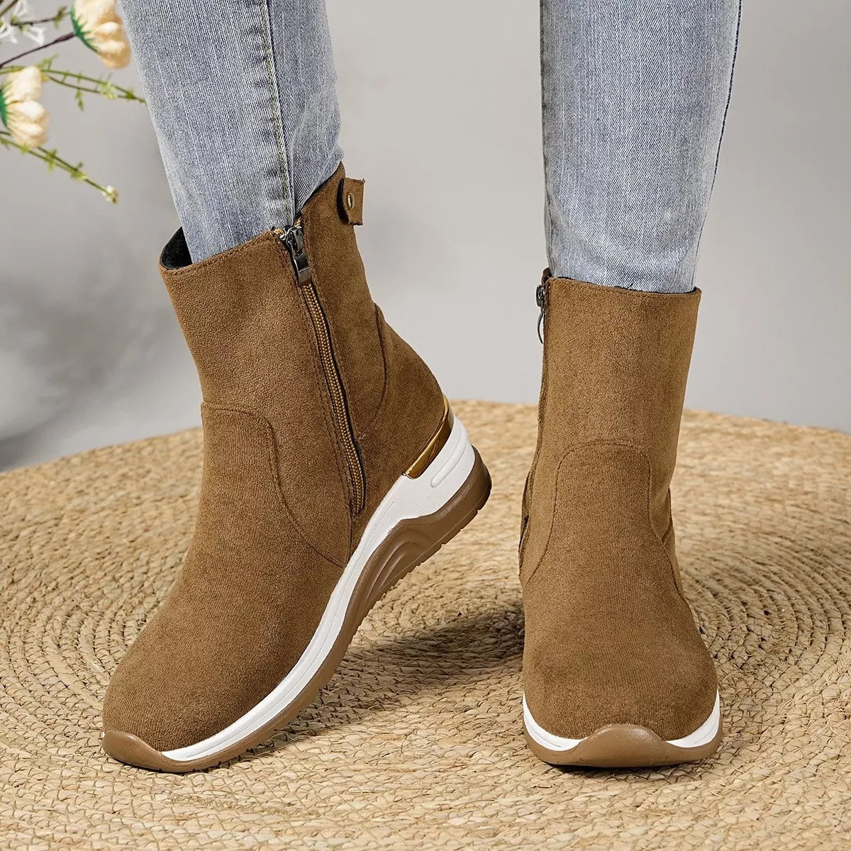 Taupe suede ankle boots with wedge heel, side zipper and white sole