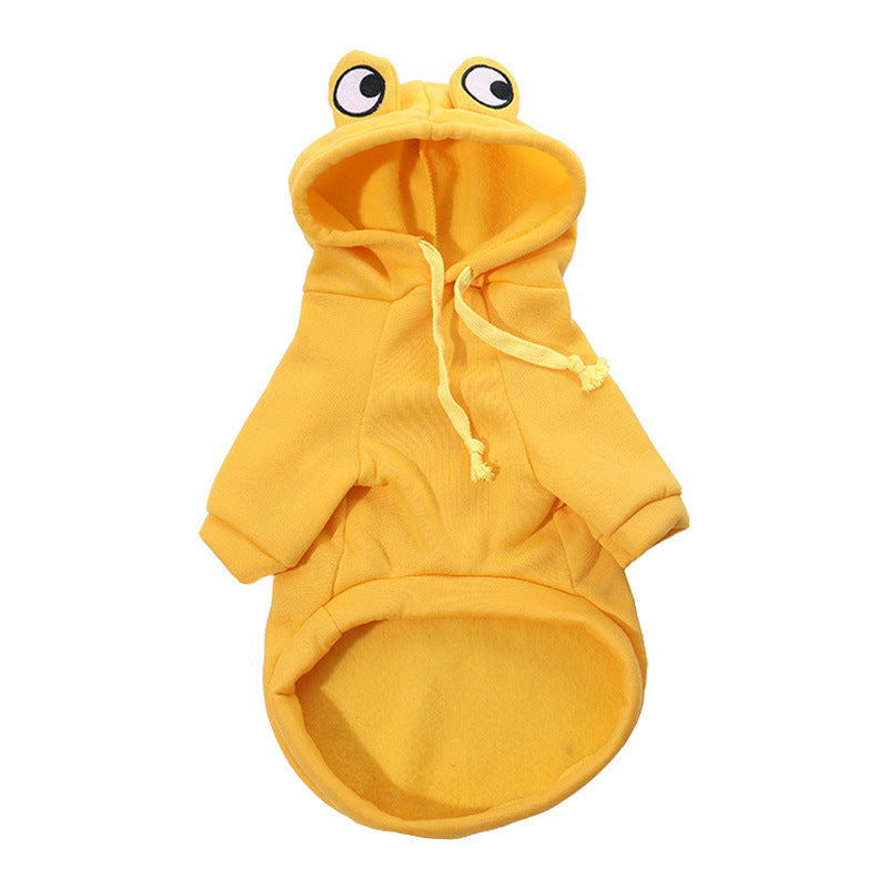 Yellow frog hoodie sweatshirt with cartoon eyes and front pouch pocket