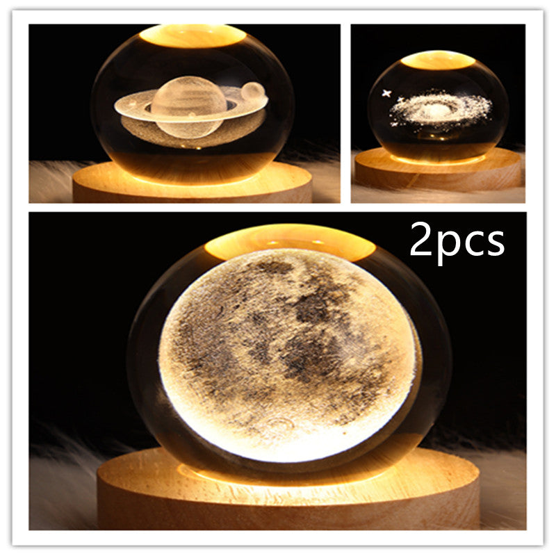 LED galaxy crystal ball lamp with bright moon-like textured globe; wooden base