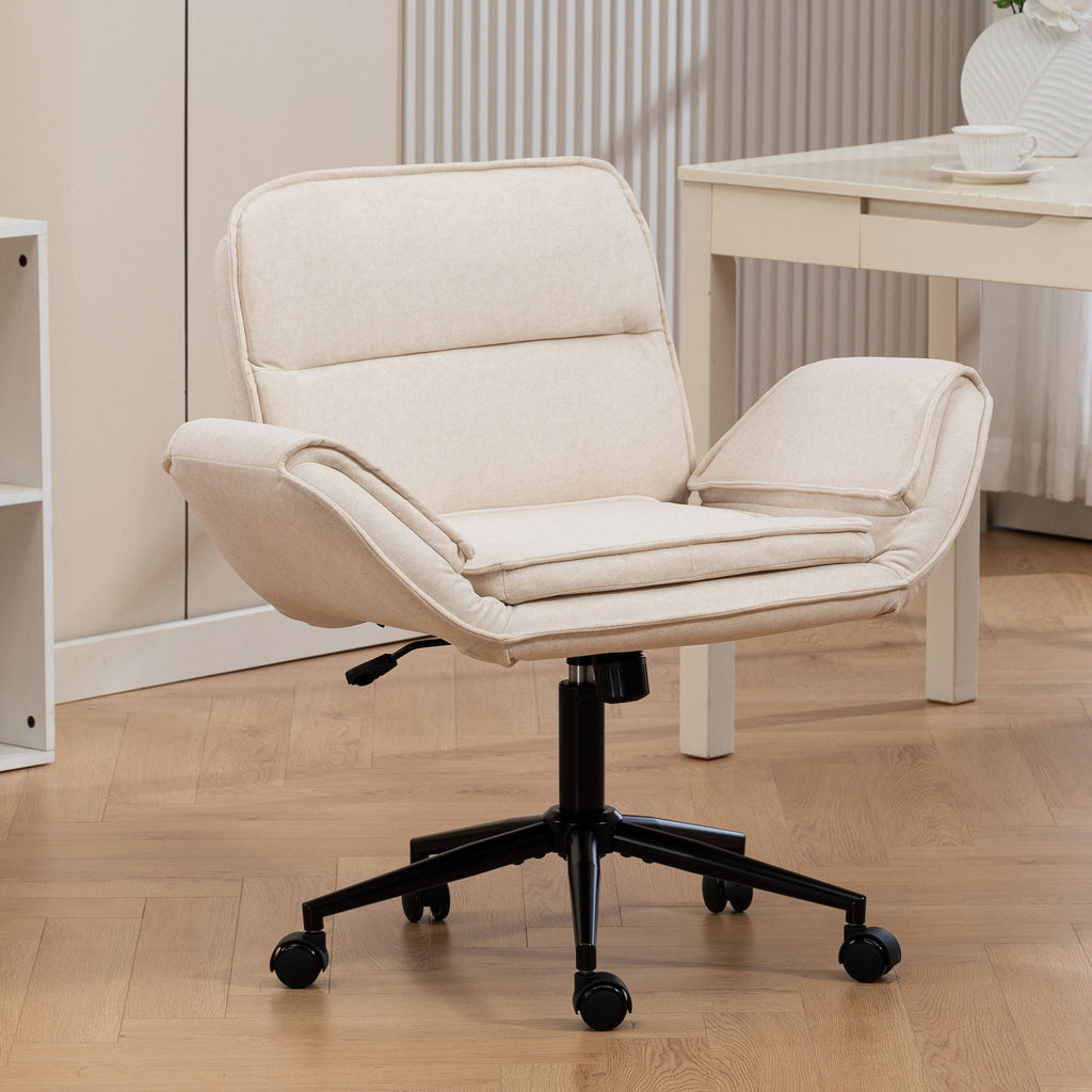 Beige cushioned swivel desk chair with adjustable armrests and caster wheels