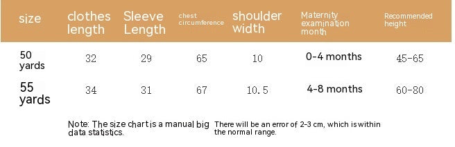 Baby clothing size chart with measurements for 50 and 55 yards