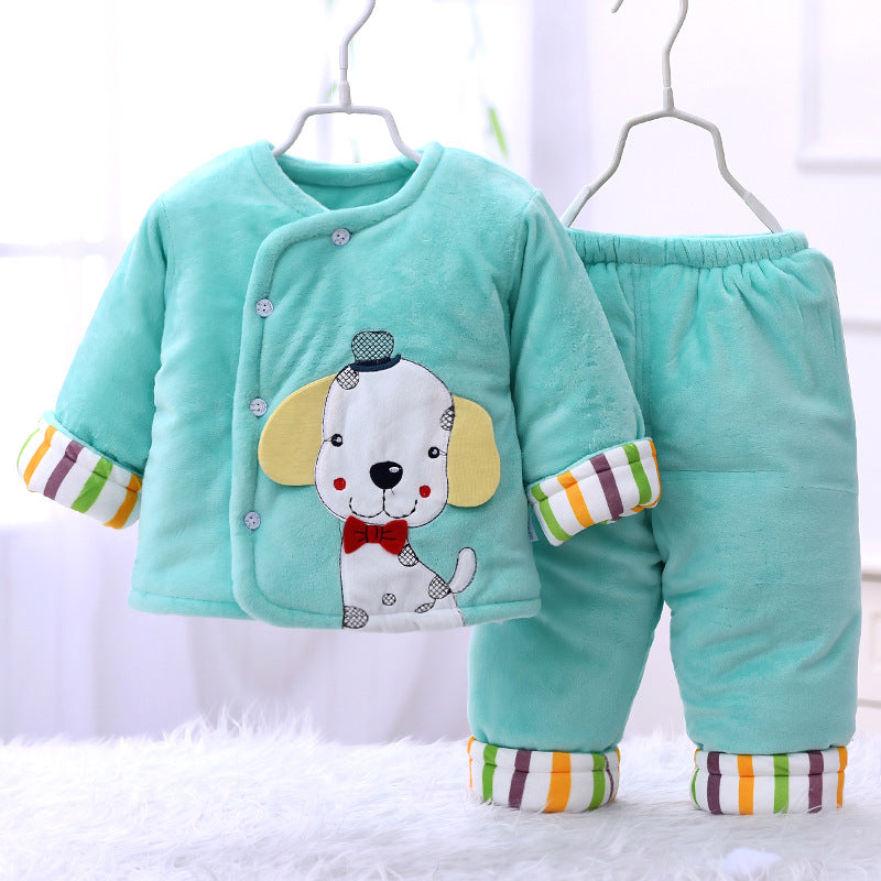 Teal newborn padded coat and pants set with dog graphic and striped cuffs