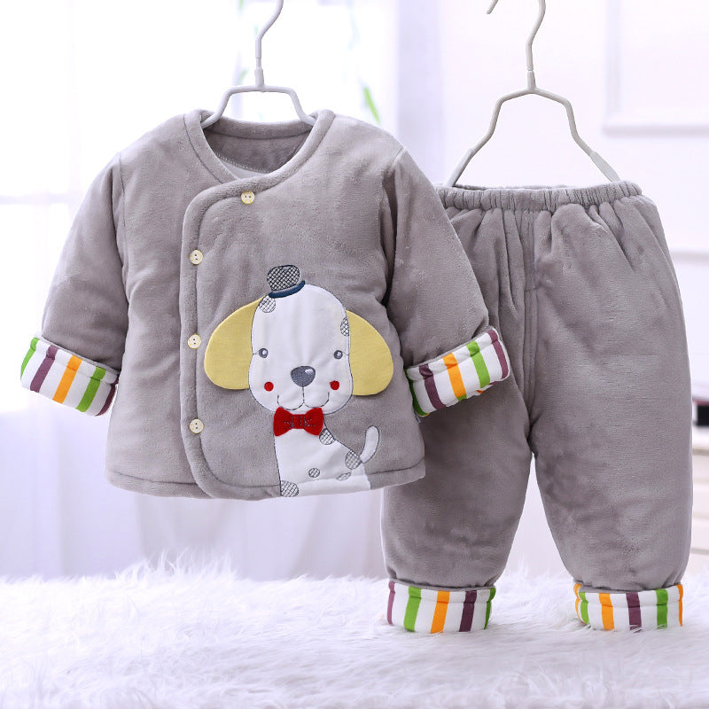 Gray newborn padded coat and pants set with dog graphic and striped cuffs