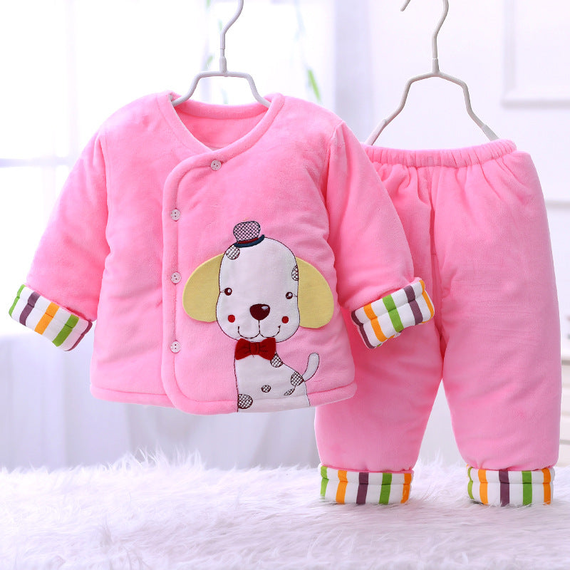 Pink newborn padded coat and pants set with dog graphic and striped cuffs