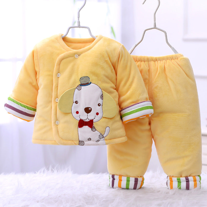 Yellow newborn padded coat and pants set with dog graphic and striped cuffs