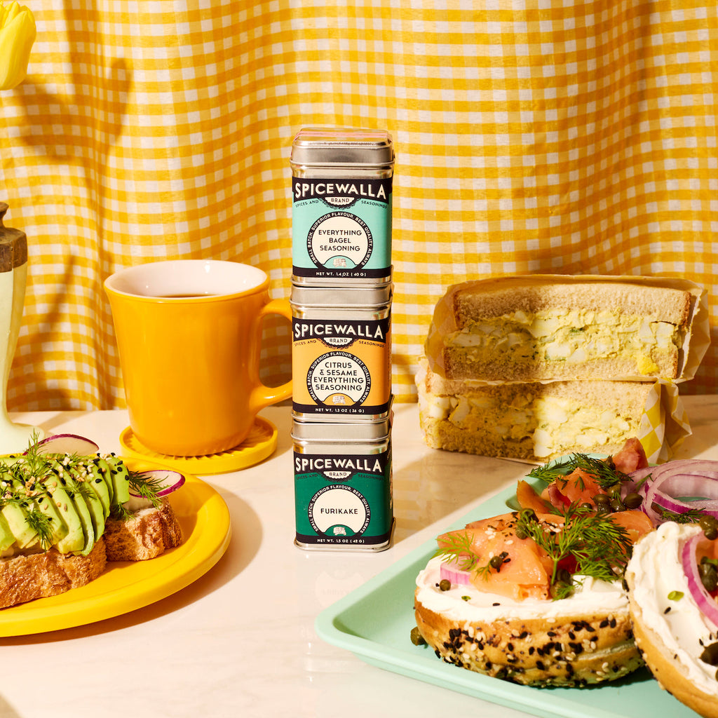 Spicewalla Everything spice tin stack with three flavor labels