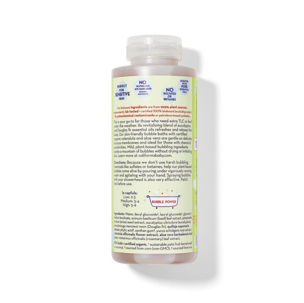 Eucalyptus bubble bath bottle with back label and ingredient information