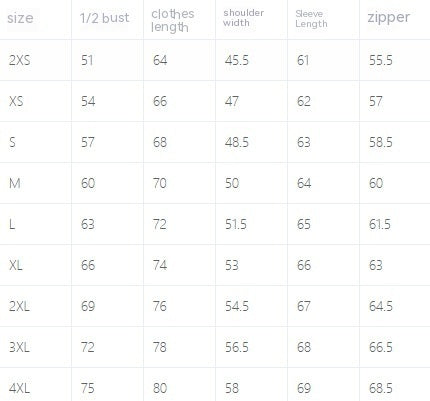 Size chart table listing bust, clothing length, shoulder, sleeve length, zipper length.