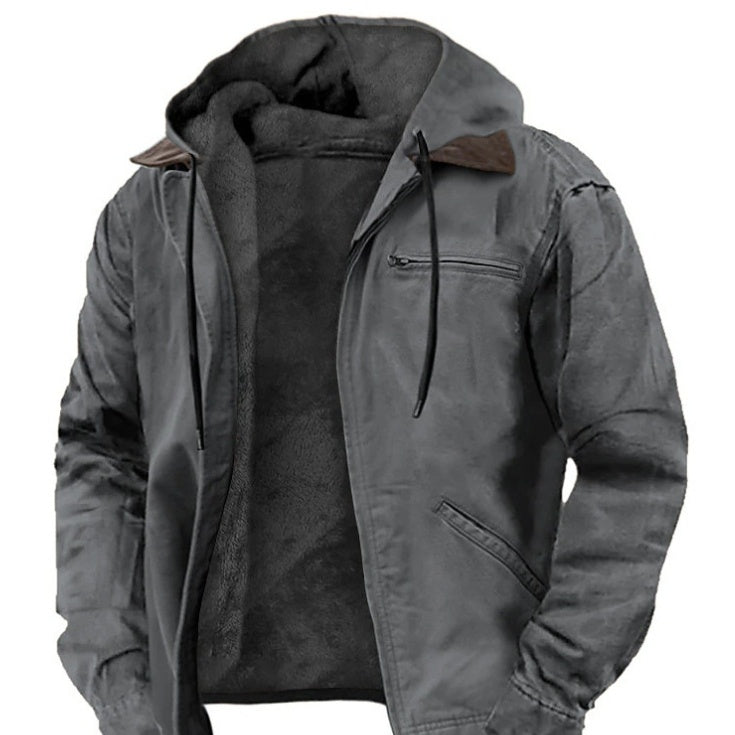 Padded hooded jacket with drawstring, dark lining, front zipper and chest pocket.