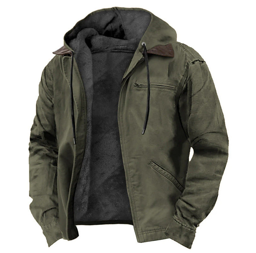 Padded hooded jacket in olive green with drawstring, dark lining, front zipper pocket.